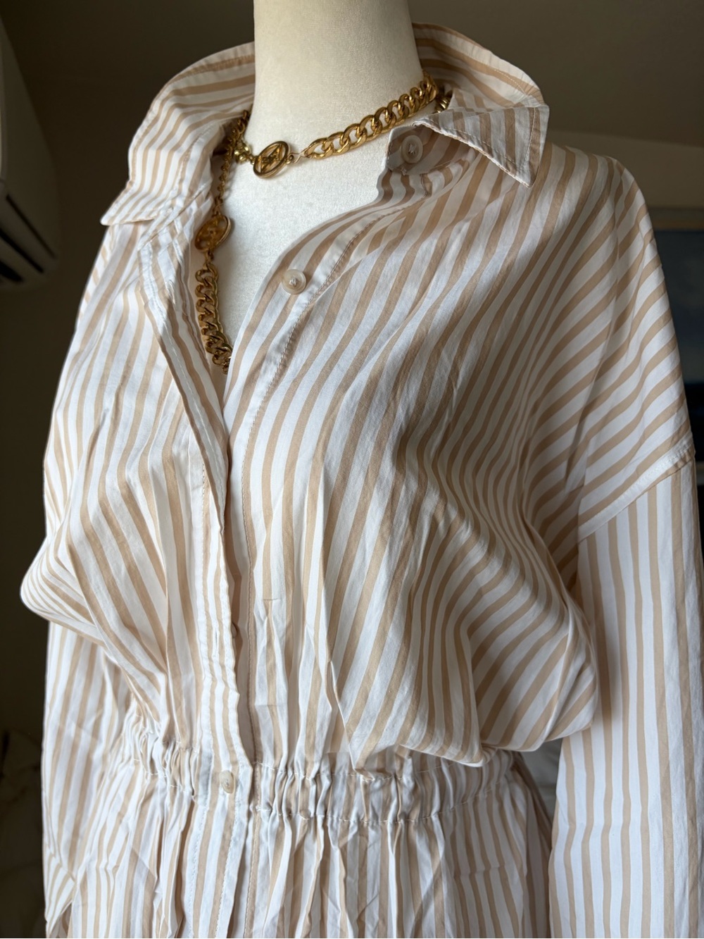 Striped Button-Front Shirt Dress in Cream & Tan